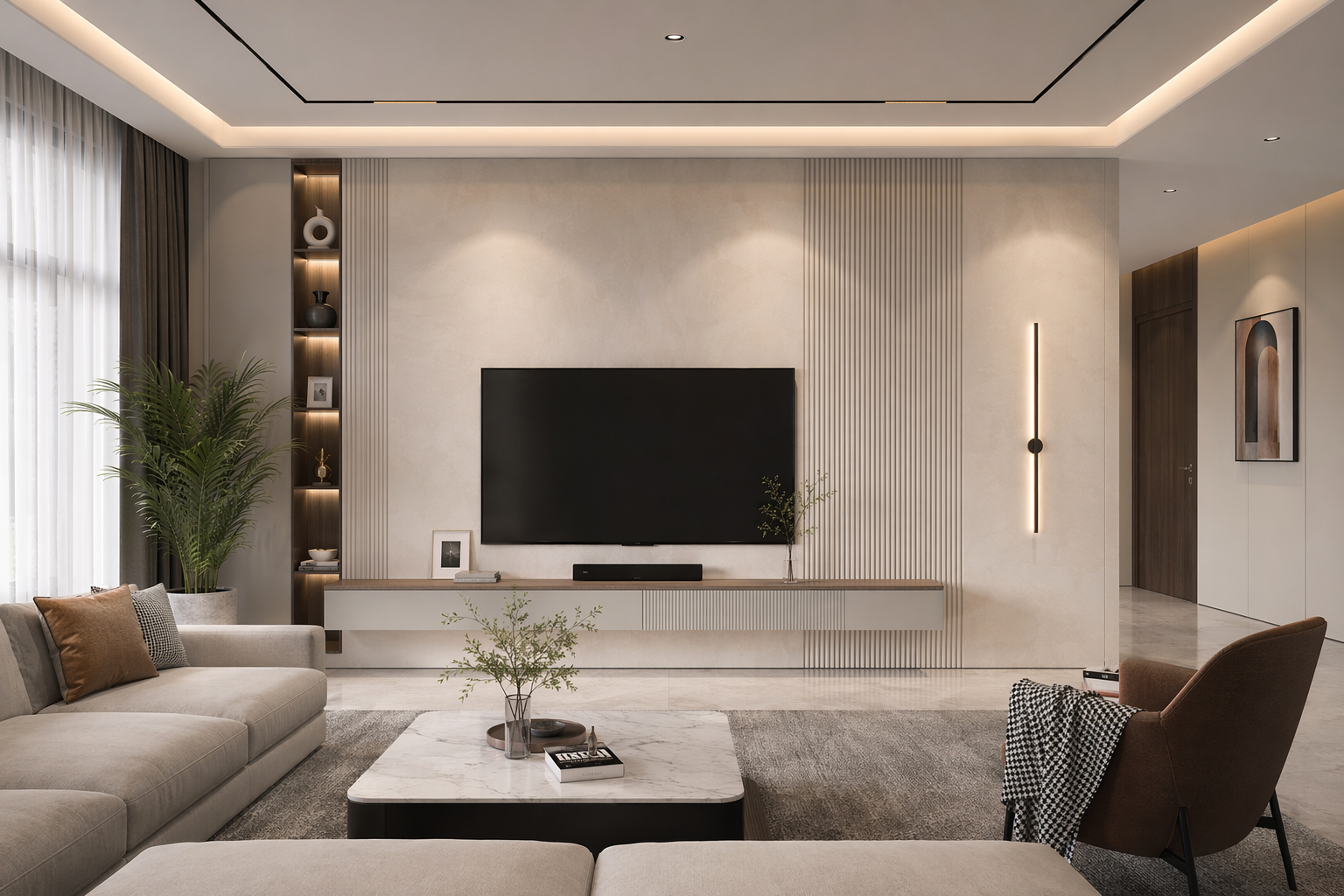Articlad cladding installed on plastered interior wall, living room decor