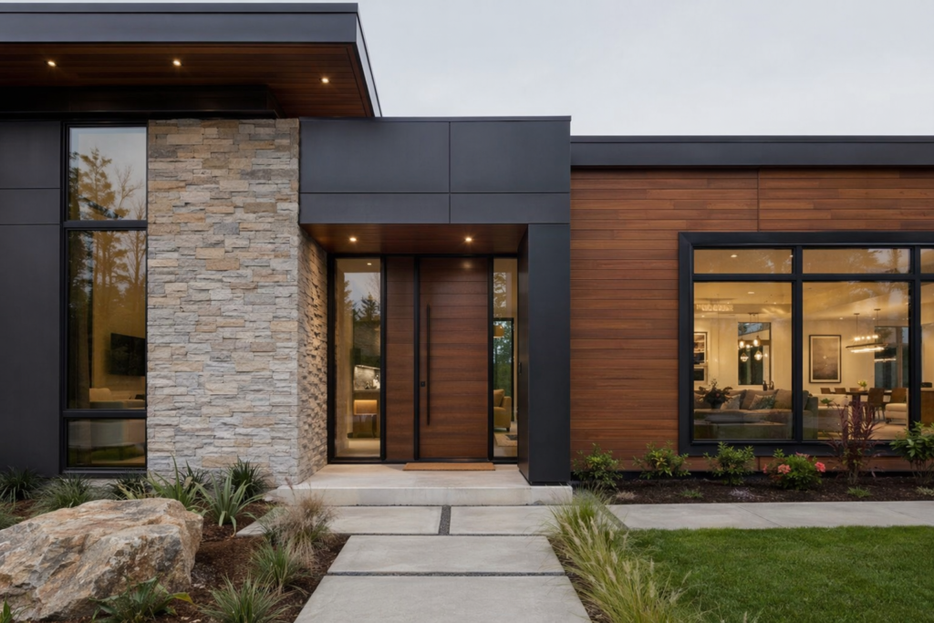 alt="wall cladding on a modern Indian home facade".