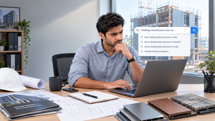 A young architect searching online for cladding manufacturers on a laptop, with search suggestions for the best cladding manufacturers in India, brick cladding manufacturers in Mumbai, stone cladding manufacturers in India, and flexible cladding suppliers. Architectural blueprints, a safety helmet, and cladding samples sit on the desk, with a modern construction site visible through the window.