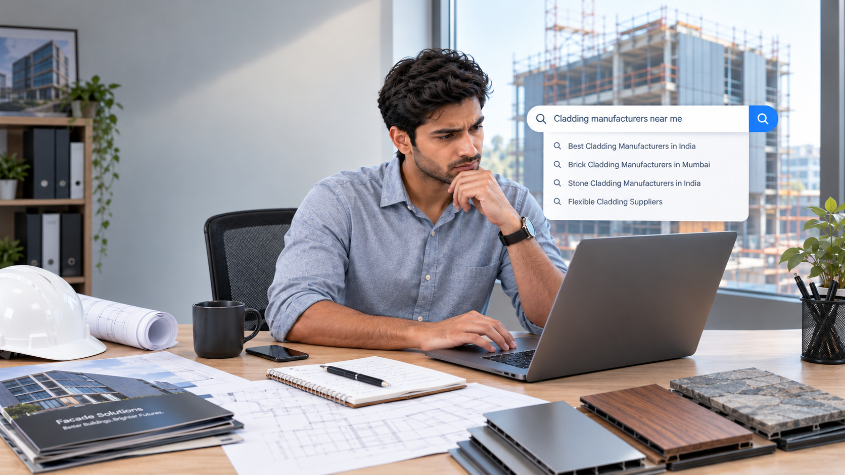 A young architect searching online for cladding manufacturers on a laptop, with search suggestions for the best cladding manufacturers in India, brick cladding manufacturers in Mumbai, stone cladding manufacturers in India, and flexible cladding suppliers. Architectural blueprints, a safety helmet, and cladding samples sit on the desk, with a modern construction site visible through the window.