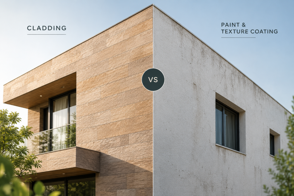 Modern building facade comparison showing warm stone cladding versus a weathered painted and textured exterior wall.