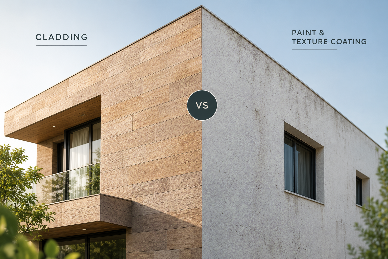 Modern building facade comparison showing warm stone cladding versus a weathered painted and textured exterior wall.